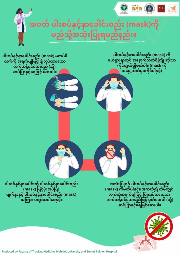 สื่อ 5 ภาษา สำหรับวิธีสวมใส่หน้ากากผ้า How to use a cloth mask.