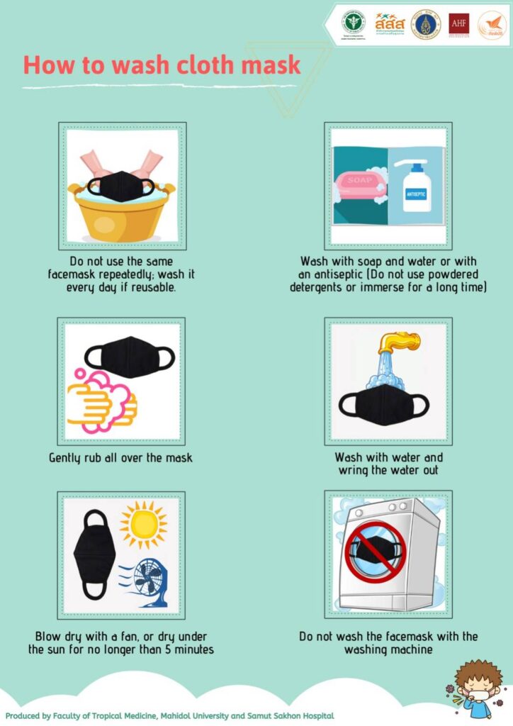 สื่อ 5 ภาษา สำหรับวิธีทำความสะอาดหน้ากากผ้า How to wash cloth mask.