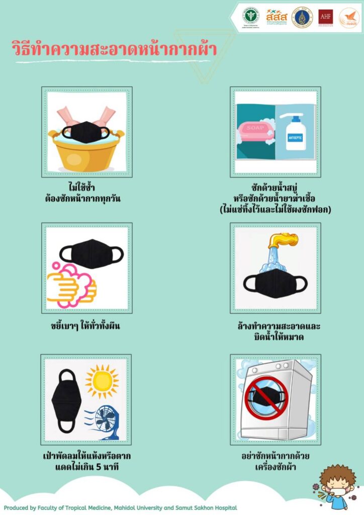 สื่อ 5 ภาษา สำหรับวิธีทำความสะอาดหน้ากากผ้า How to wash cloth mask.