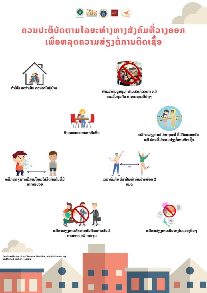 สื่อ 5 ภาษา แนะนำการเว้นระยะห่างทางสังคม เพื่อลดเสี่ยง COVID-19 , Social distancing for decreasing risk of COVID-19