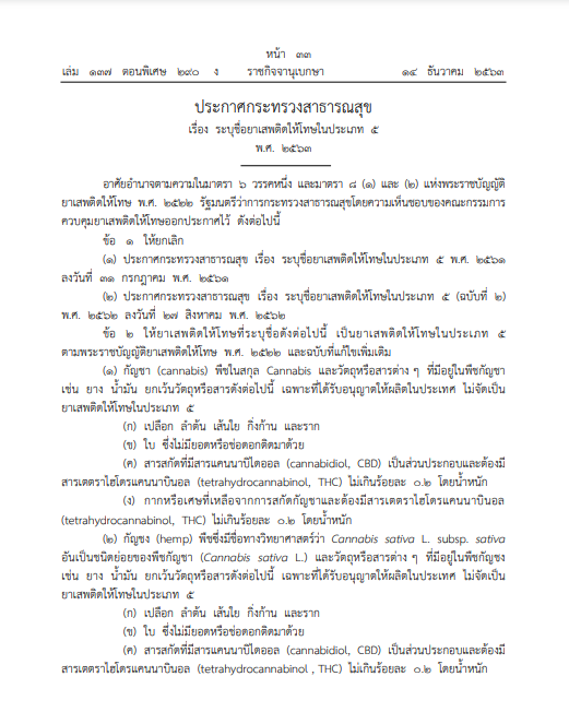 ราชกิจจานุเบกษา ประกาศปลดล็อก “กัญชา-กัญชง” พ้นยาเสพติด