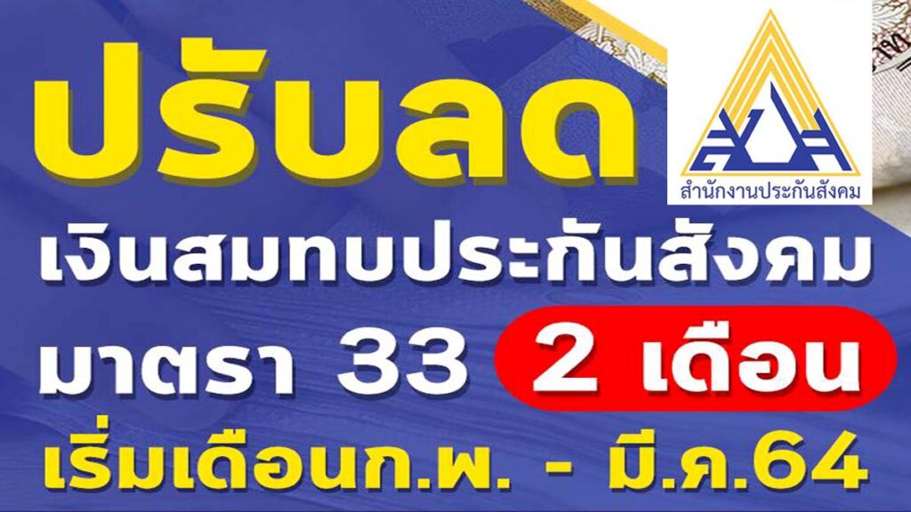 ปรับลดเงินสมทบประกันสังคมมาตรา33 2 เดือน เริ่มเดือน ก.พ.-มี.ค.64