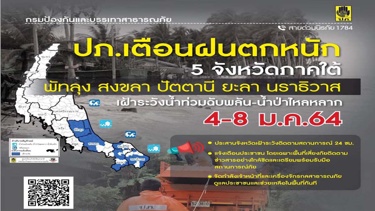 กองอำนวยการป้องกันและบรรเทาสาธารณภัยกลาง ประสาน 5 จังหวัดภาคใต้ เตรียมรับมือฝนตกหนัก เฝ้าระวังน้ำท่วมฉับพลัน ป่าไหลหลากช่วงวันที่ 4 - 8 ม.ค.64