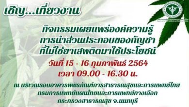 ขอเชิญเที่ยวงาน การเผยแพร่องค์ความรู้การนำส่วนประกอบของกัญชาที่ไม่ใช่ยาเสพติดมาใช้ประโยชน์