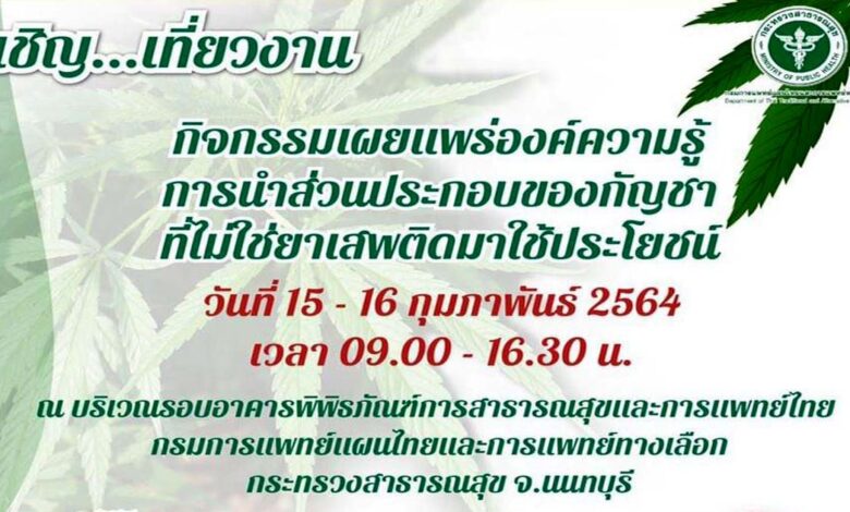 ขอเชิญเที่ยวงาน การเผยแพร่องค์ความรู้การนำส่วนประกอบของกัญชาที่ไม่ใช่ยาเสพติดมาใช้ประโยชน์