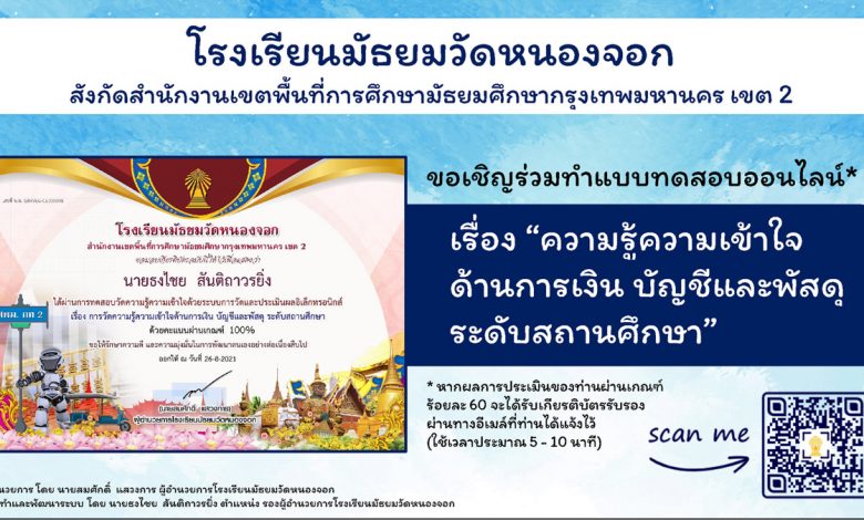 แบบทดสอบออนไลน์ “ความรู้ความเข้าใจด้านการเงิน บัญชีและพัสดุ ระดับสถานศึกษา” ผ่านเกณฑ์ รับเกียรติบัตรผ่านทางอีเมล