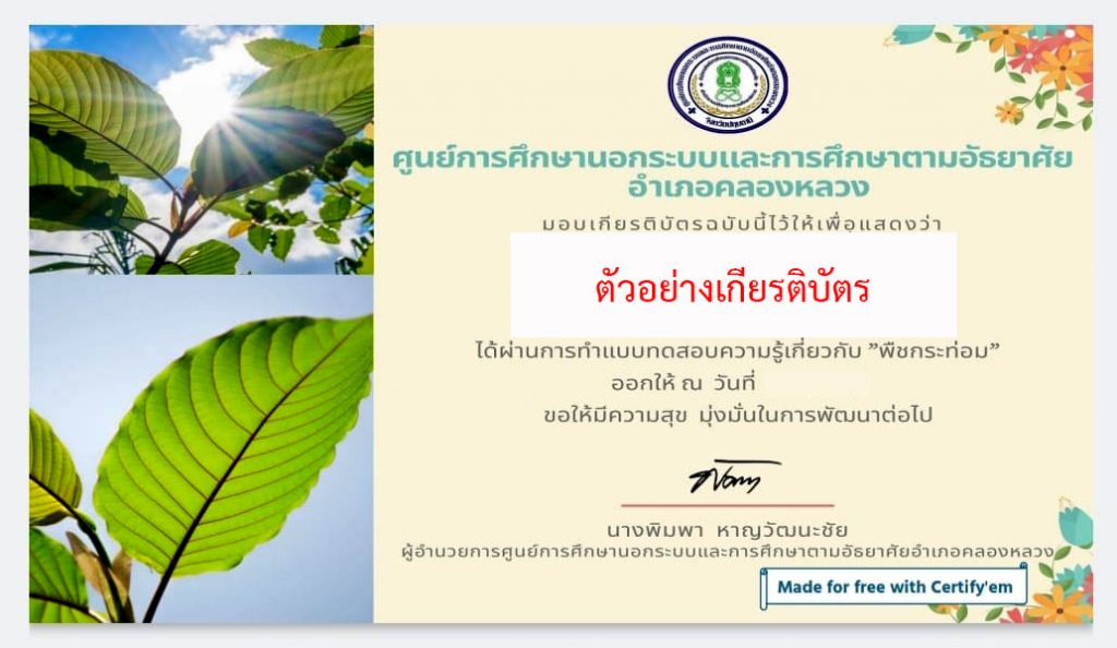 แบบทดสอบออนไลน์ เรื่อง “พืชกระท่อม” ผ่านเกณฑ์รับเกียรติบัตรทาง E-mail