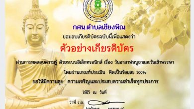 แบบทดสอบออนไลน์ เรื่อง “วันอาสาฬหบูชาและวันเข้าพรรษา” ผ่านเกณฑ์รับเกียรติบัตรทาง E-mail