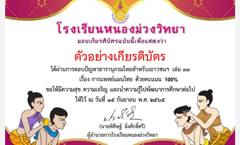 แบบทดสอบออนไลน์ เรื่อง "การเเพยท์แผนไทย" ผ่านเกณฑ์รับเกียรติบัตรทาง E-mail