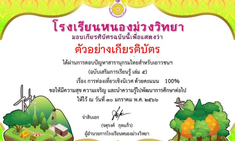 แบบทดสอบออนไลน์ เรื่อง "การท่องเที่ยวเชิงนิเวศ" ผ่านเกณฑ์รับเกียรติบัตรทาง E-mail