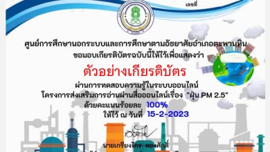 แบบทดสอบออนไลน์ เรื่อง ฝุ่น PM 2.5 โดย กศน.ตำบลวังหลุม อำเภอตะพานหิน จังหวัดพิจิตร ผ่านเกณฑ์รับเกียรติบัตรทาง E-mail