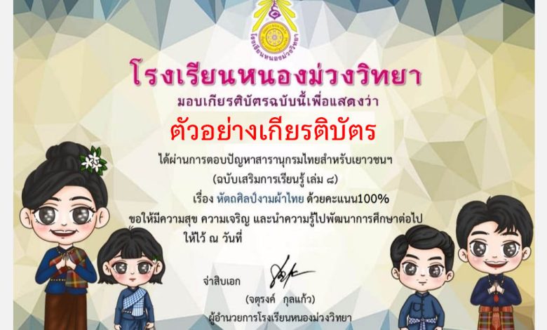 แบบทดสอบออนไลน์ ร่วมตอบปัญหาสารานุกรมไทยสำหรับเยาวชนฯ (ฉบับเสริมการเรียนรู้ เล่ม ๘) เรื่อง หัตถศิลป์งามผ้าไทย จัดทำโดยโรงเรียนหนองม่วงวิทยา ผ่านเกณฑ์รับเกียรติบัตรทาง E-mail