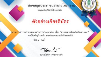 แบบทดสอบออนไลน์ เรื่อง "สารานุกรมไทยสำหรับเยาวชน ฯ" จัดทำโดยห้องสมุดประชาชนอำเภอโพธาราม ผ่านเกณฑ์รับเกียรติบัตรทาง E-mail