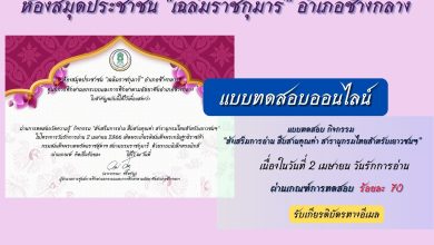 แบบทดสอบออนไลน์ เรื่อง กิจกรรม "ส่งเสริมการอ่าน สืบสานคุณค่า สารานุกรมไทยสำหรับเยาวชนฯ" จัดทำโดยห้องสมุดประชาชน "เฉลิมราชกุมารี" อำเภอช้างกลาง ผ่านเกณฑ์รับเกียรติบัตรทาง E-mail