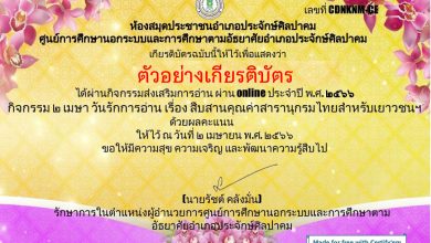 แบบทดสอบออนไลน์ 2 เมษา วันรักการอ่าน เรื่องสืบสานคุณค่าสารานุกรมไทยสำหรับเยาวชนฯ จัดทำโดยห้องห้องสมุดประชาชนอำเภอประจักษ์ศิลปาคม จังหวัดอุดรธานี ผ่านเกณฑ์รับเกียรติบัตรทาง E-mail