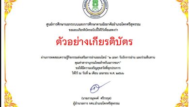 แบบทดสอบออนไลน์ "วันรักการอ่าน" จัดทำโดยห้องสมุดประชาชน "เฉลิมราชกุมารี" อำเภอโคกศรีสุพรรณ ผ่านเกณฑ์รับเกียรติบัตรทาง E-mail