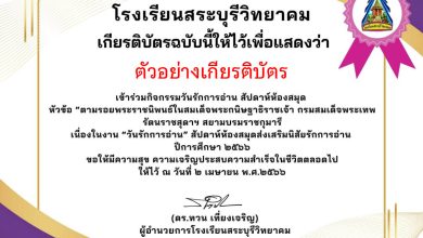 แบบทดสอบออนไลน์ "กิจกรรมวันรักการอ่าน"  โดยโรงเรียนสระบุรีวิทยาคม ผ่านเกณฑ์รับเกียรติบัตรทาง E-mail