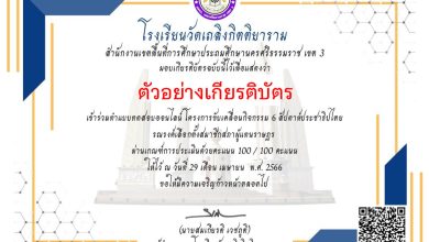 แบบทดสอบออนไลน์ เรื่อง "รณรงค์เลือกตั้งสมาชิกสภาผู้แทนราษฏร" จัดทำโดย โรงเรียนวัดเถลิงกิตติยาราม ผ่านเกณฑ์รับเกียรติบัตรทาง E-mail