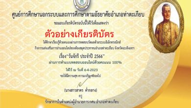 แบบทดสอบออนไลน์ เรื่อง ๖ เมษายน วันจักรี Chakri Memorial Day โดยห้องสมุดประชาชนอำเภอท่าตะเกียบ จังหวัดฉะเชิงเทรา ผ่านเกณฑ์รับเกียรติบัตรทาง E-mail