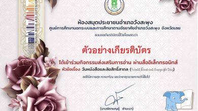 แบบทดสอบออนไลน์ เรื่อง วันหนังสือและลิขสิทธิ์สากล (World Book and Copyright Day 23 April) 23 เมษายน ขอทุกปี โดยห้องสมุดประชาชนอำเภอวังสะพุง จังหวัดเลย ผ่านเกณฑ์รับเกียรติบัตรทาง E-mail