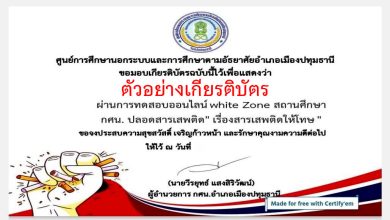 แบบทดสอบออนไลน์ เรื่อง " สถานศึกษาสีขาว " โดยห้องสมุดประชาชนชนจังหวัดปทุมธานี ผ่านเกณฑ์รับเกียรติบัตรทาง E-mail