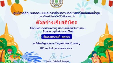 แบบทดสอบออนไลน์ เรื่อง ประเพณีวันสงกรานต์ Songkran Festival โดยห้องสมุดประชาชนอำเภอนิคมน้ำอูน จังหวัดสกลนคร ผ่านเกณฑ์รับเกียรติบัตรทาง E-mail