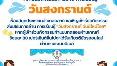 แบบทดสอบออนไลน์ เรื่อง ประเพณีวันสงกรานต์ Songkran Festival โดยห้องสมุดประชาชนอำเภอถลาง จังหวัดภูเก็ต ผ่านเกณฑ์รับเกียรติบัตรทาง E-mail