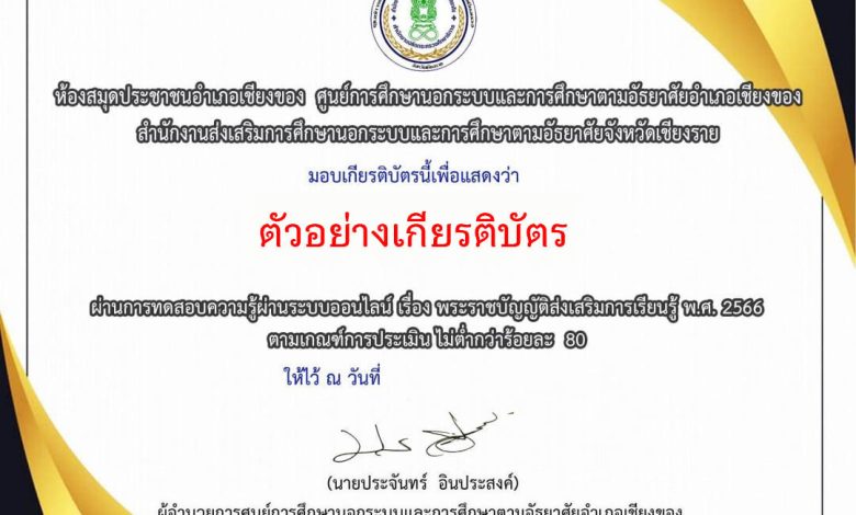 แบบทดสอบออนไลน์ เรื่อง “พระราชบัญญัติส่งเสริมการเรียนรู้ พ.ศ. 2566” จัดทำโดยห้องสมุดประชาชนอำเภอเชียงของ จังหวัดเชียงราย ผ่านเกณฑ์รับเกียรติบัตรทาง E-mail