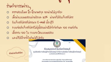 แบบทดสอบออนไลน์ เรื่อง “วันงดสูบบุหรี่โลก 31 พ.ค. ” จัดทำโดยห้องสมุดประชาชนจังหวัดชลบุรี ผ่านเกณฑ์รับเกียรติบัตรทาง E-mail