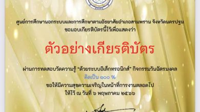 แบบทดสอบออนไลน์ เรื่อง “วันพืชมงคล” จัดทำโดย กศน.ตำบลบางเตย อำเภอสามพราน จังหวัดนครปฐม ผ่านเกณฑ์รับเกียรติบัตรทาง E-mail