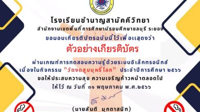 แบบทดสอบออนไลน์ เรื่อง “วันงดสูบบุหรี่โลก World No Tobacco Day” 31 พฤษภาคม ของทุกปี จัดทำโดยโรงเรียนชำนาญสามัคคีวิทยา ผ่านเกณฑ์รับเกียรติบัตรทาง E-mail