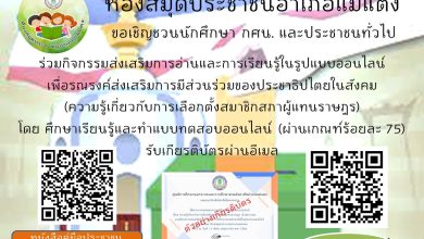 เกียรติบัตรออนไลน์ เรื่อง “ความรู้เกี่ยวกับการเลือกตั้งสมาชิกสภาผู้แทนราษฎร” จัดทำโดยห้องสมุดประชาชนอำเภอแม่แตง ผ่านเกณฑ์รับเกียรติบัตรทาง E-mail