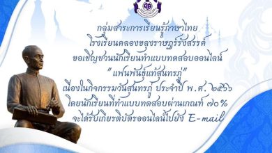 แบบทดสอบออนไลน์ เรื่อง วันสุนทรภู่ จัดทำโดยโรงเรียนคลองขลุงราษฎร์รังสรรค์ ผ่านเกณฑ์รับเกียรติบัตรทาง E-mail