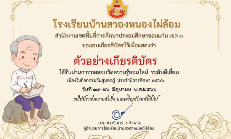 แบบทดสอบออนไลน์ เรื่อง "รำลึกครูกลอนสุนทรภู่ สืบสานสู่วันภาษาไทยแห่งชาติ" ประจำปี 2566 จัดทำโดยโรงเรียนบ้านสวองหนองไผ่ล้อม ผ่านเกณฑ์รับเกียรติบัตรทาง E-mail