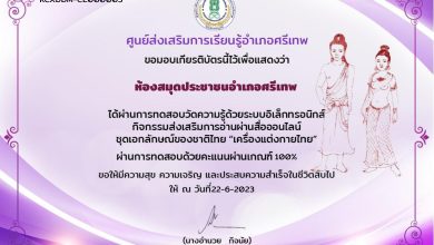 แบบทดสอบออนไลน์ เรื่อง ชุดเอกลักษณ์ของชาติไทย "เครื่องแต่งกายไทย" จัดทำโดยห้องสมุดประชาชนอำเภอศรีเทพ ผ่านเกณฑ์รับเกียรติบัตรทาง E-mail