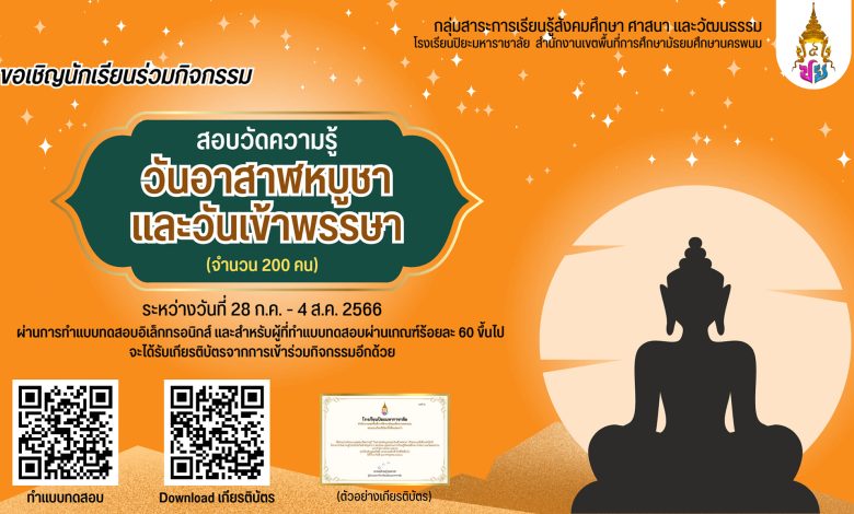 แบบทดสอบออนไลน์ เรื่อง วันอาสาฬหบูชาและวันเข้าพรรษา จัดทำโดยโรงเรียนปิยะมหาราชาลัย