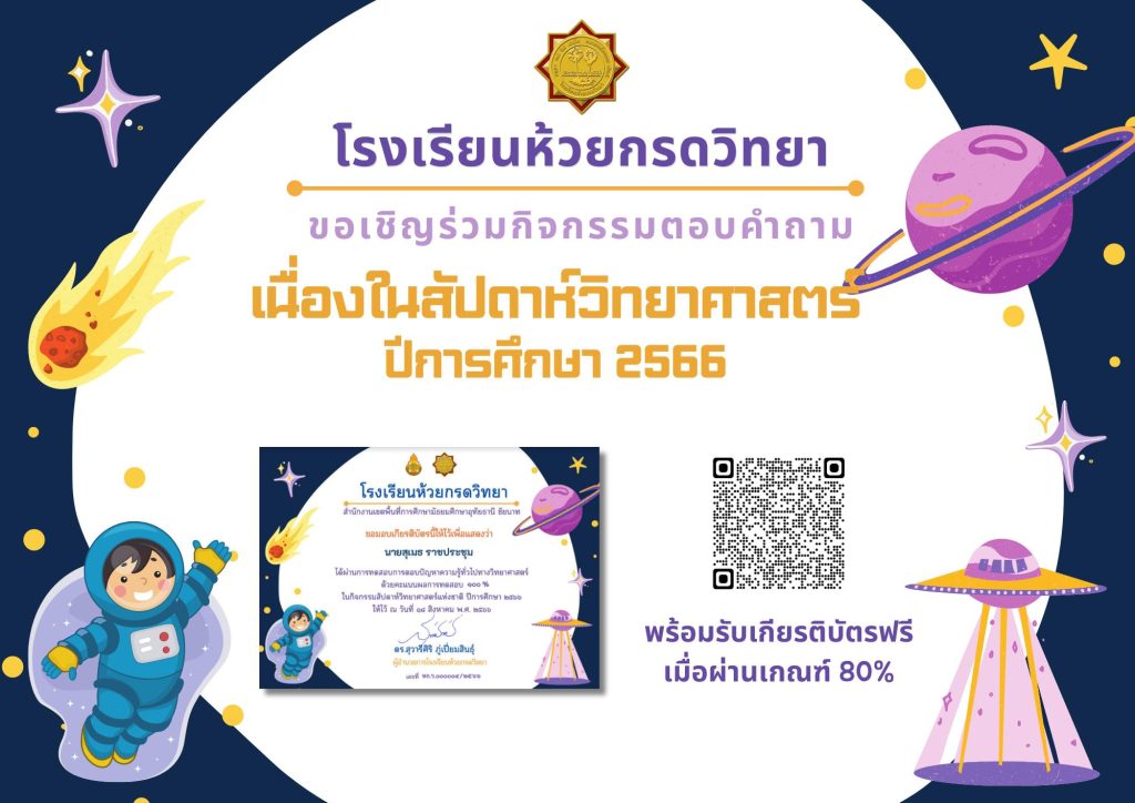 แบบทดสอบออนไลน์ เรื่อง "สัปดาห์วิทยาศาสตร์" จัดทำโดยโรงเรียนห้วยกรดวิทยา​ จังหวัด​ชัยนาท ผ่านเกณฑ์รับเกียรติบัตรทาง E-mail