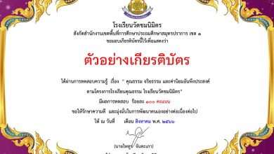 แบบทดสอบออนไลน์ เรื่อง “คุณธรรม จริยธรรม และค่านิยมอันพึงประสงค์ ” ตามโครงการโรงเรียนคุณธรรม โรงเรียนวัดชมนิมิตร ผ่านเกณฑ์ดาวน์โหลดเกียรติบัตรได้ทันที