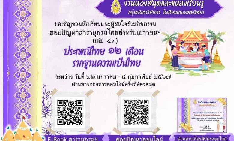 แบบทดสอบออนไลน์ เรื่อง “ประเพณี ๑๒ เดือน รากฐานความเป็นไทย” จัดทำโดยโรงเรียนหนองม่วงวิทยา ผ่านเกณฑ์รับเกียรติบัตรทาง E-mail